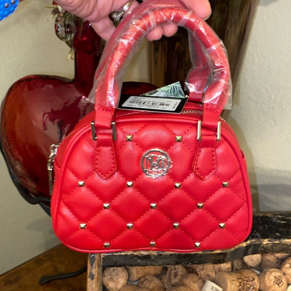 Badgley Mischka, red dome, studded and quilted convertible, mini Crossbody